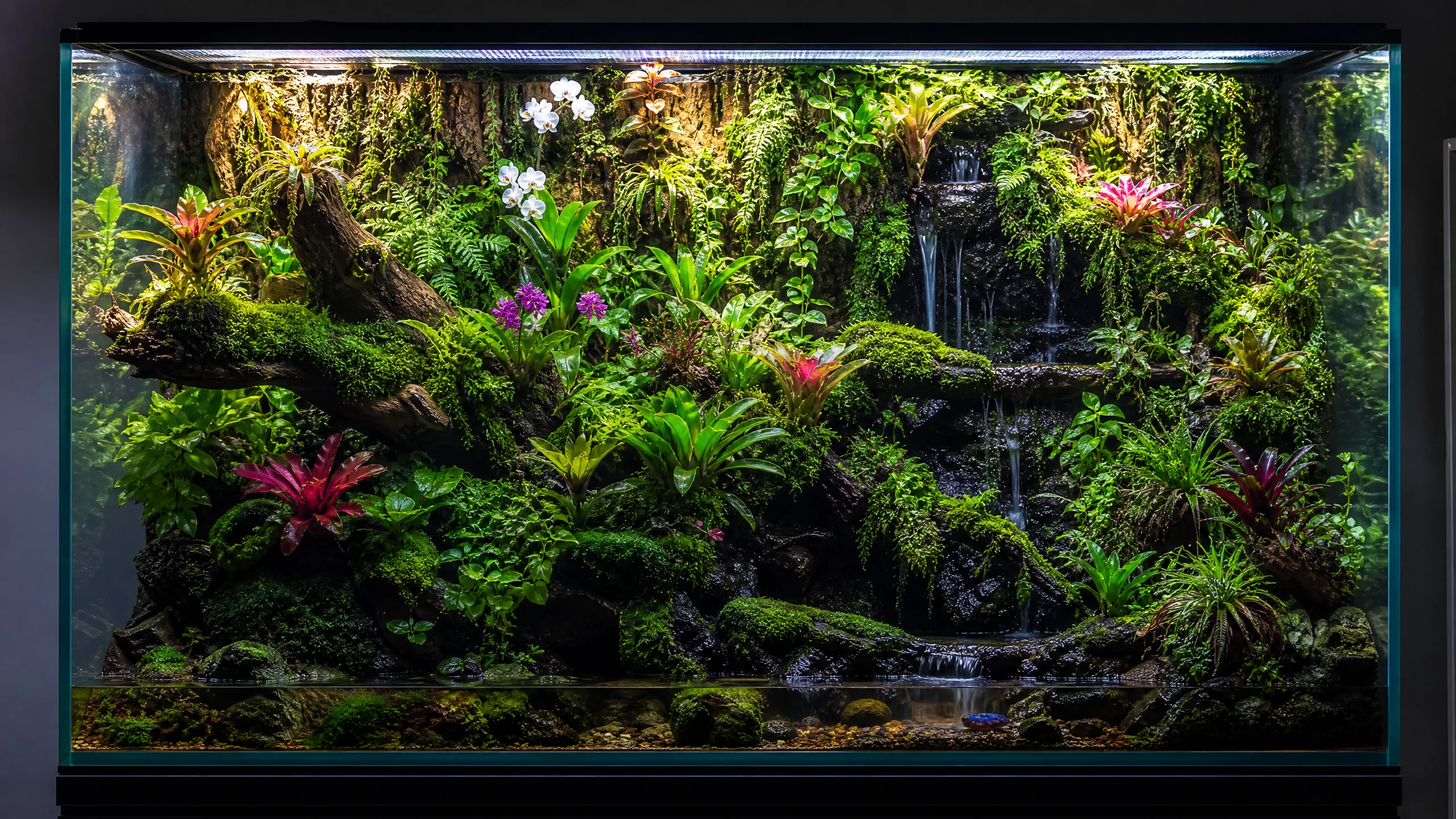 大型热带雨林生态缸造景作品展示瀑布与热带植物